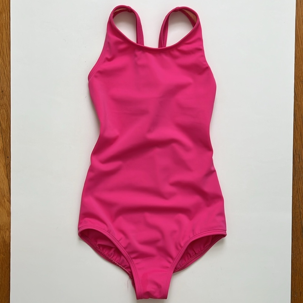 Land’s End Girls 8S Solid Pink Racerback Swimsuit Lined One Piece Swim Suit